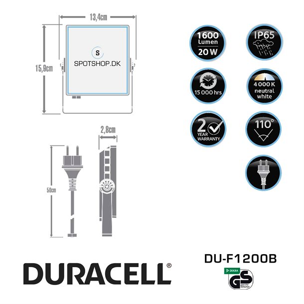 DURACELL LED projektør 20W 1600 lumen #DU-F1200B  